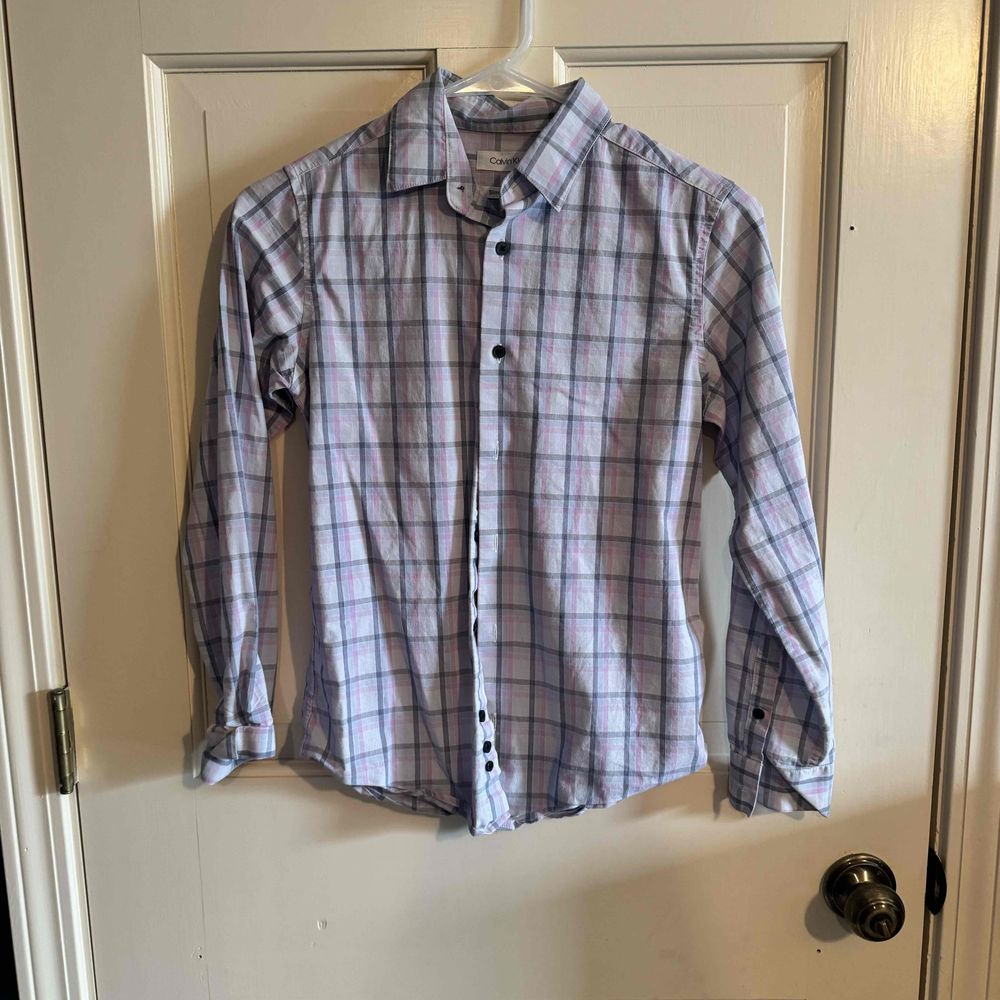 Calvin Klein Boys Plaid Long Sleeve Pockets Button-Front Shirt Size 14
